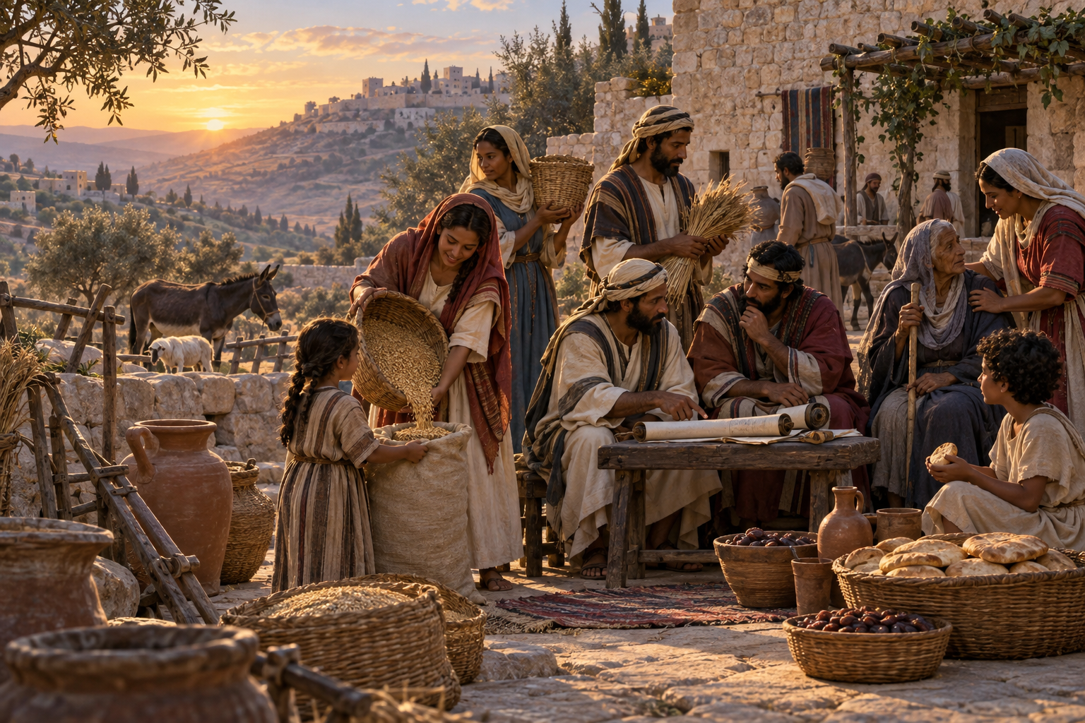 Illustration of an ancient Levantine community sharing grain, studying a scroll and caring for an elder